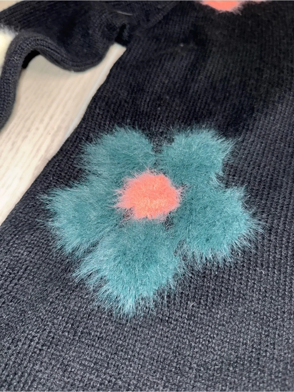 Black Knit Sweater Dress - Pink, Teal & Cream Flower Fuzzy Accents.  Girls 12